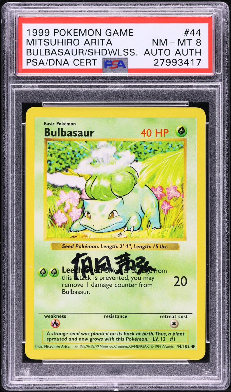 27993417_front_70233249-e67e-43fe-b61c-95c5970ea35e.jpg 1999 POKEMON BASE SET SHADOWLESS BULBASAUR #44 ARITA AUTO AUTH PSA 8 - Image 1