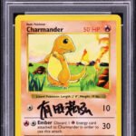 1999 POKEMON BASE SET SHADOWLESS CHARMANDER #46 ARITA AUTO AUTH PSA 8