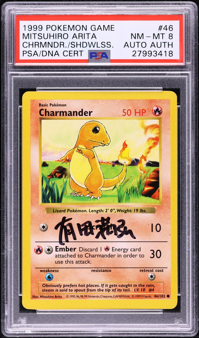 27993418_front_d2590811-b32d-43d7-83c5-c7b64befdbb1.jpg 1999 POKEMON BASE SET SHADOWLESS CHARMANDER #46 ARITA AUTO AUTH PSA 8 - Image 1