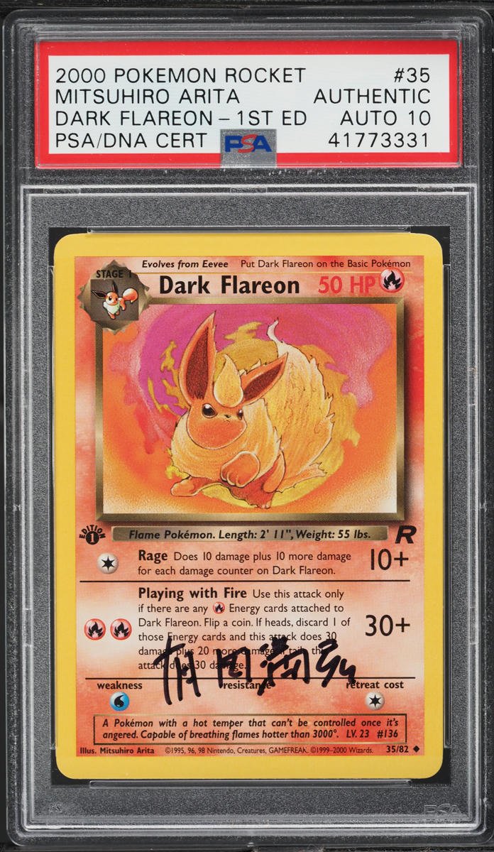 41773331_front_3e053c90-f6dd-40ed-bb89-4b06b6e101a1.jpg 2000 POKEMON TEAM ROCKET 1ST EDITION DARK FLAREON #35 ARITA AUTO 10 PSA AUTHENTIC - Image 1