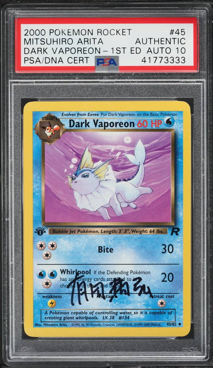 41773333_front_98357001-43ab-4238-92f3-8efcc1168815.jpg 2000 POKEMON TEAM ROCKET 1ST EDITION DARK VAPOREON #45 ARITA AUTO 10 PSA AUTHENTIC - Image 1