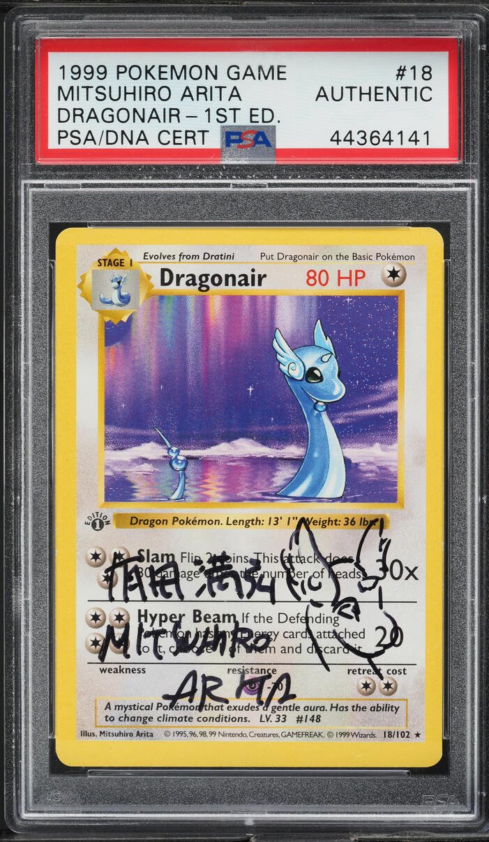 44364141_front_c83272e4-b0b9-4f31-9b3f-0d01b0a9a2f7.jpg 1999 POKEMON BASE SET SHADOWLESS 1ST EDITION DRAGONAIR #18 ARITA AUTO PSA AUTHENTIC - Image 1