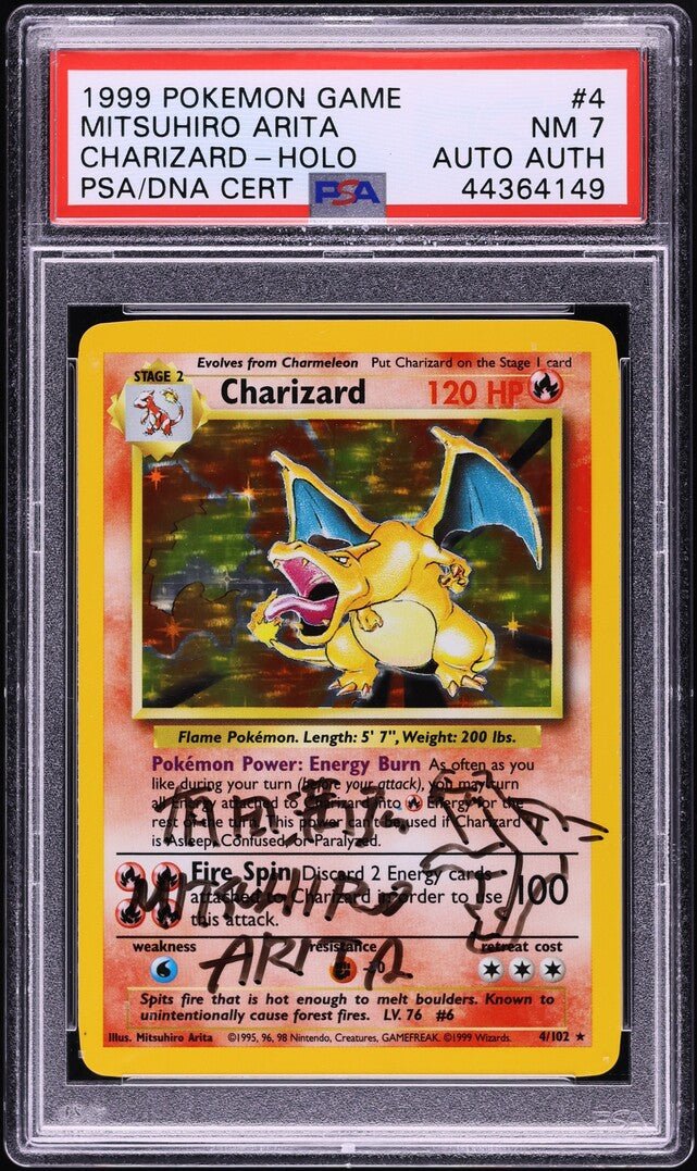 44364149_front_d298c545-e5f6-4ff5-98b2-934b58833fc2.jpg 1999 POKEMON BASE SET HOLO CHARIZARD #4 ARITA AUTO AUTH PSA 7 - Image 1