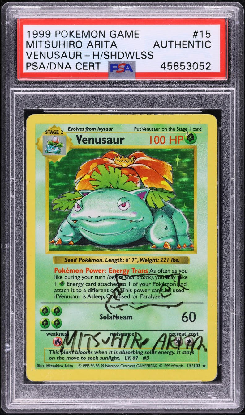 45853052_front_68245de9-4d69-4f7e-b20e-e2d56b8ad904.jpg 1999 POKEMON BASE SET SHADOWLESS HOLO VENUSAUR #15 ARITA AUTO PSA AUTHENTIC - Image 1