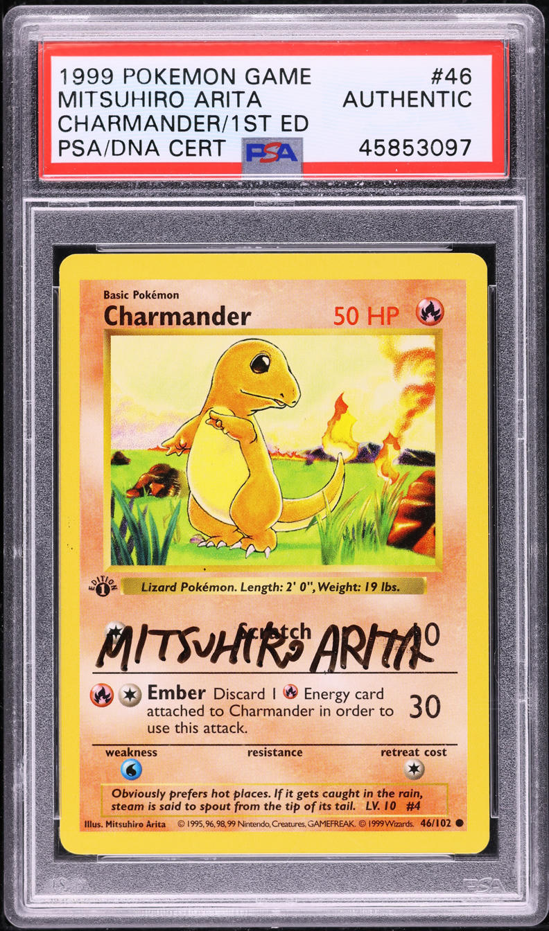 45853097_front_20189393-6076-4273-83be-ff9e9f87efcd.png 1999 POKEMON BASE SET SHADOWLESS 1ST EDITION CHARMANDER #46 ARITA AUTO PSA AUTH - Image 1