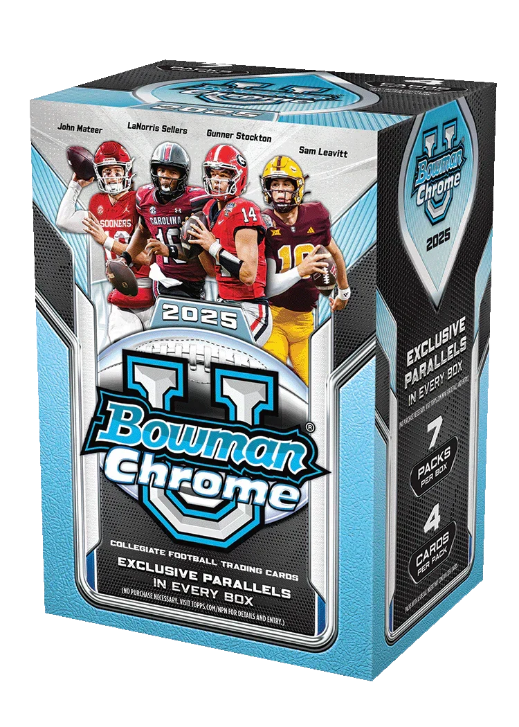 4998b7b89d544184621879fe6e5c720ba5f0bb18_Bowman_U_Chrome_Football_Value_ddc14da7-c132-4792-9d8b-adf06a4ad7b8.png 2025 Bowman Chrome University Football Blaster 40 Box Case - Image 1