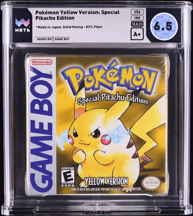 606902-001_front_e46c0e6e-8642-4746-8e92-5541ed408b38.jpg 1999 POKEMON YELLOW VERSION BLACK ESRB NINTENDO GAME BOY GB WATA 6.5 A+ SEALED - Image 1