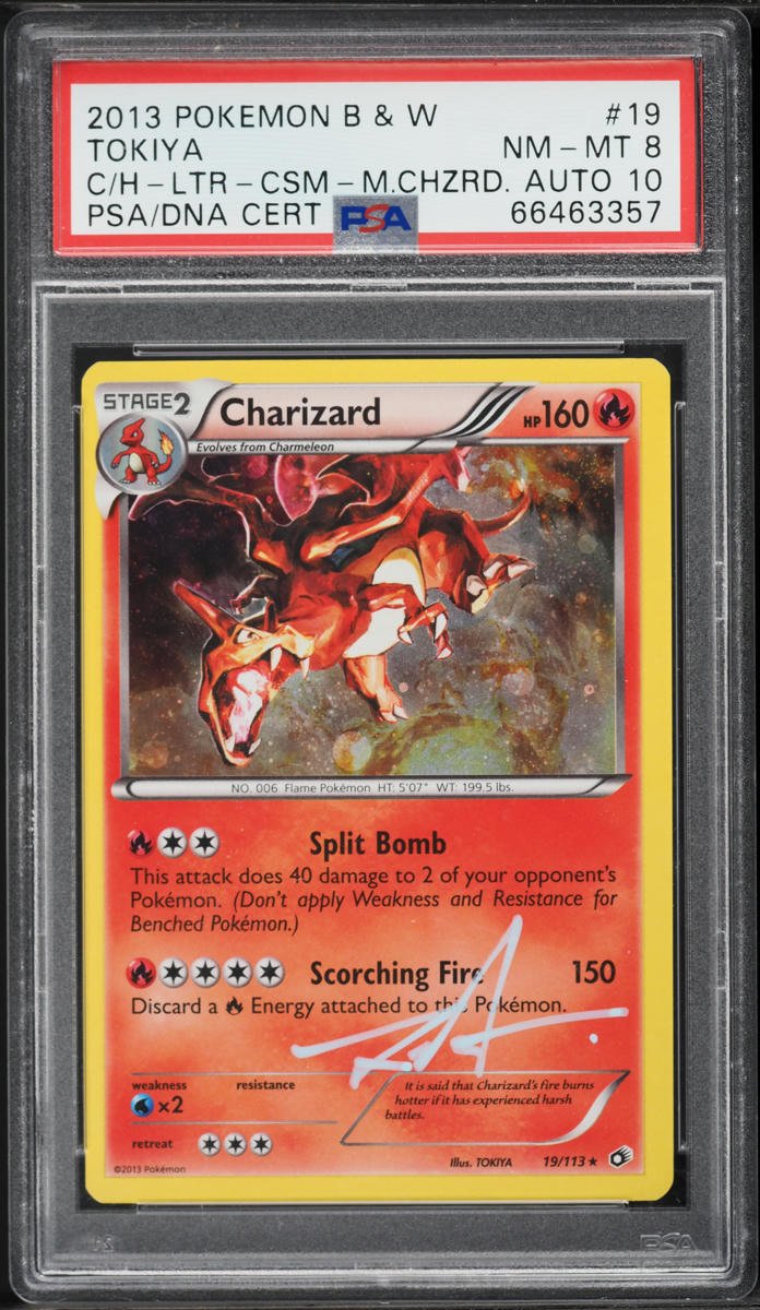 66463357_front_81a2f243-58e1-4098-8b97-56a6357456cb.jpg 2013 POKEMON BW LEGENDARY TREASURES COSMOS HOLO CHARIZARD #19 TOKIYA AUTO 10 PSA 8 - Image 1