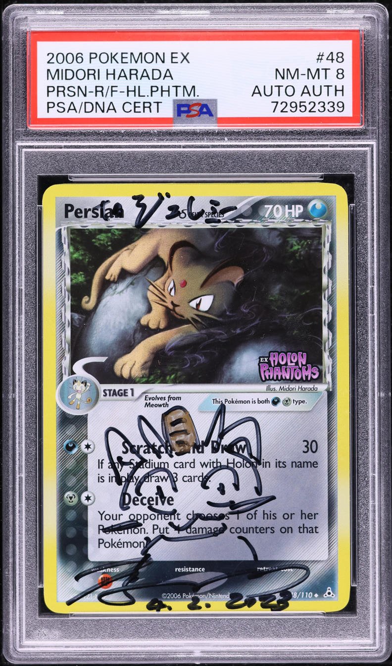72952339_front_771434db-b99b-4bef-bcc4-fb022dc1df8c.jpg 2006 POKEMON EX HOLON PHANTOMS REVERSE HOLO PERSIAN #48 HARADA AUTO AUTH PSA 8 - Image 1
