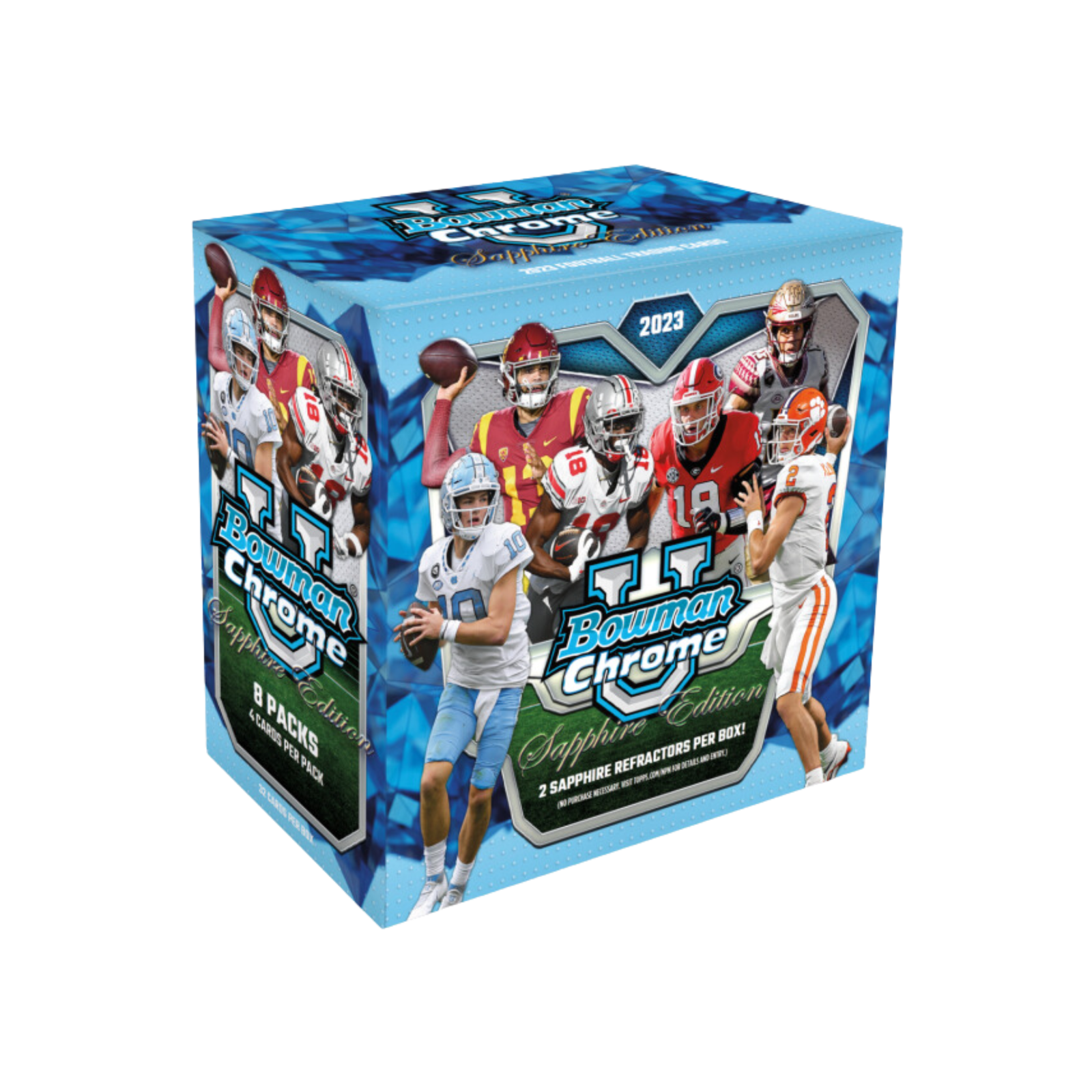 Untitleddesign_77_60640065-1354-4d2f-b457-efa21bd512bc.png 2023 Bowman Chrome University Football Sapphire Hobby Box (10 Box Case) - Image 1