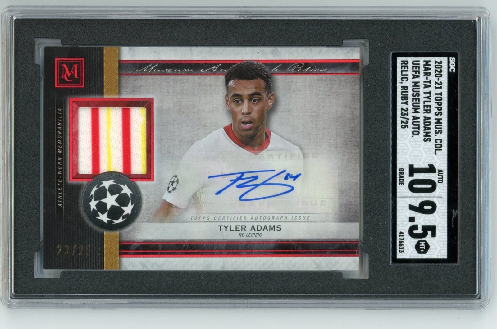 img003_f7c75cd1-1631-4ba7-b669-acd21e83f1a0.jpg Tyler Adams 2020 Topps Museum Collection UCL Museum Auto Relics Ruby SGC 10/9.5 #'d 23/25 - Image 1