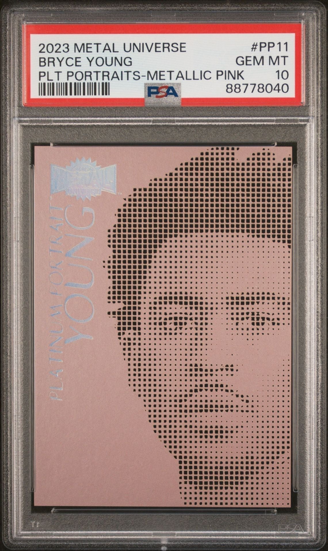 n8qEKIPAOkGukbmLPBSNEQ.jpg Bryce Young 2023 Skybox Metal Universe Platinum Portraits Metallic Pink Rookie Card PSA 10 - Image 1