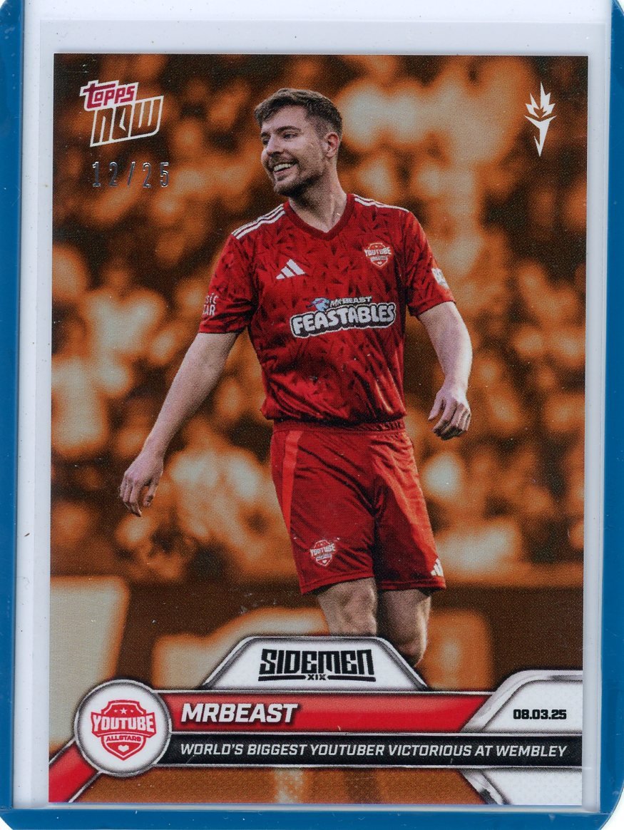pic416_0f5b2c7f-524c-4f89-847c-e74aa20f8085.jpg MrBeast - 2025 Sidemen Charity Match Topps NOW® Card orange foil #'d 12/25 - Image 1
