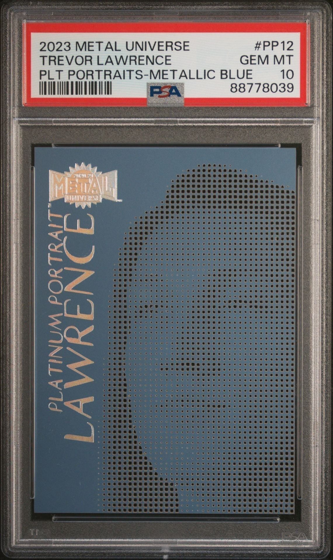 uNL1EL4aUkShbNVSEra7PA.jpg Trevor Lawrence 2023 Skybox Metal Universe Platinum Portraits Metallic Blue PSA 10 - Image 1
